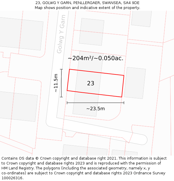 23, GOLWG Y GARN, PENLLERGAER, SWANSEA, SA4 9DE: Plot and title map