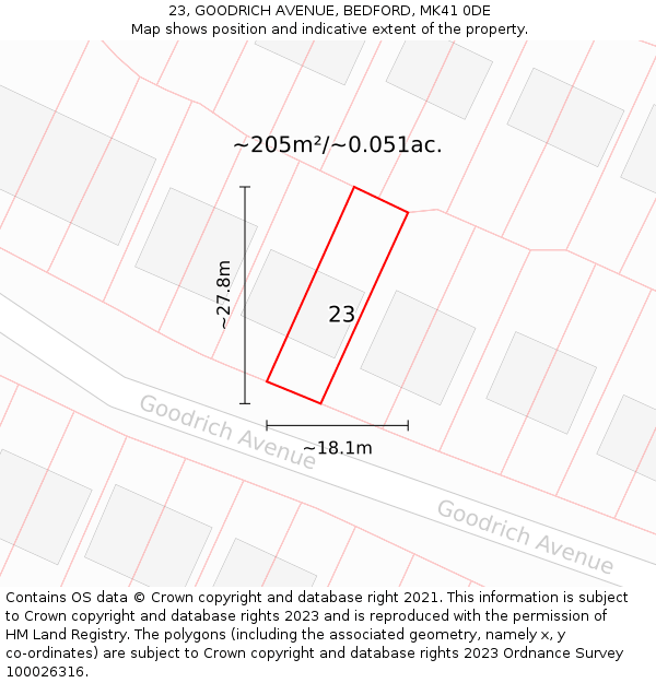 23, GOODRICH AVENUE, BEDFORD, MK41 0DE: Plot and title map