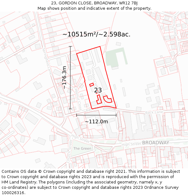 23, GORDON CLOSE, BROADWAY, WR12 7BJ: Plot and title map