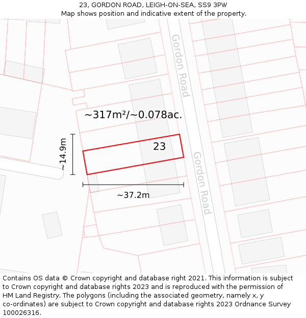 23, GORDON ROAD, LEIGH-ON-SEA, SS9 3PW: Plot and title map