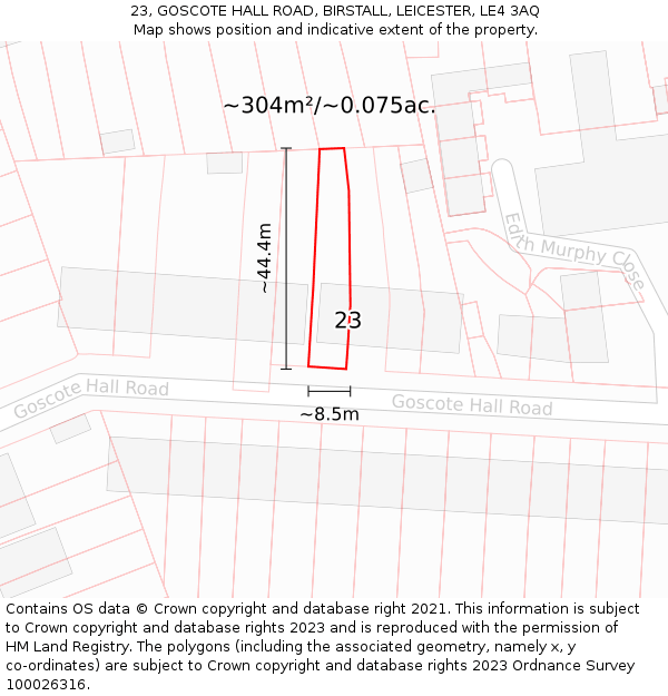 23, GOSCOTE HALL ROAD, BIRSTALL, LEICESTER, LE4 3AQ: Plot and title map