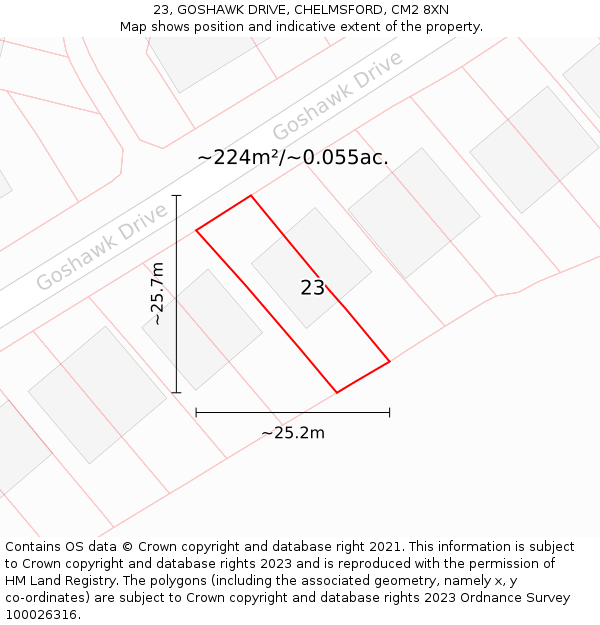 23, GOSHAWK DRIVE, CHELMSFORD, CM2 8XN: Plot and title map