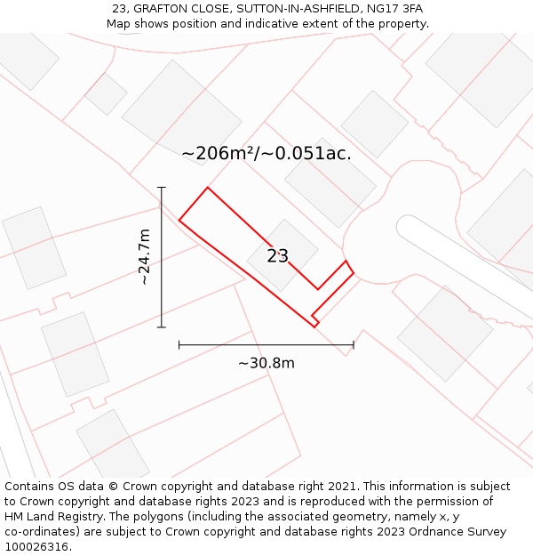 23, GRAFTON CLOSE, SUTTON-IN-ASHFIELD, NG17 3FA: Plot and title map