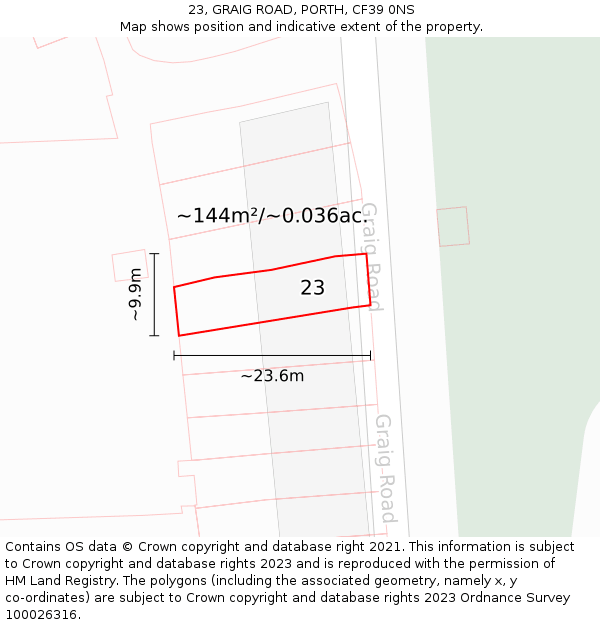 23, GRAIG ROAD, PORTH, CF39 0NS: Plot and title map