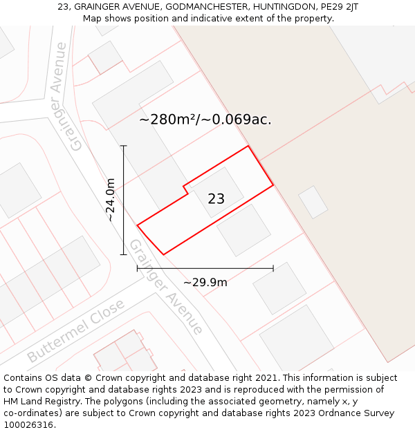 23, GRAINGER AVENUE, GODMANCHESTER, HUNTINGDON, PE29 2JT: Plot and title map