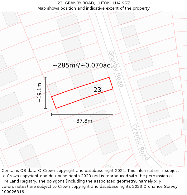 23, GRANBY ROAD, LUTON, LU4 9SZ: Plot and title map