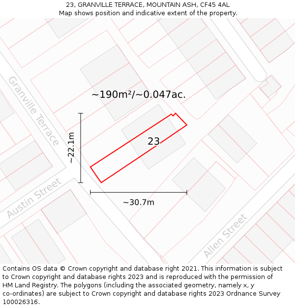 23, GRANVILLE TERRACE, MOUNTAIN ASH, CF45 4AL: Plot and title map