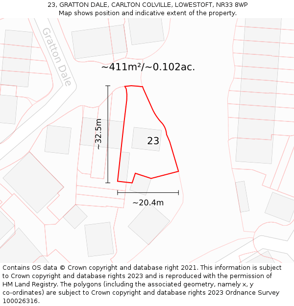 23, GRATTON DALE, CARLTON COLVILLE, LOWESTOFT, NR33 8WP: Plot and title map