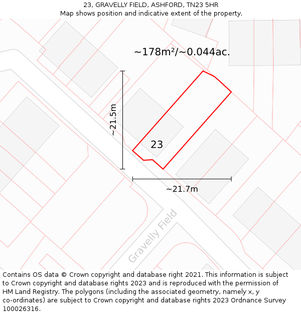 23, GRAVELLY FIELD, ASHFORD, TN23 5HR: Plot and title map