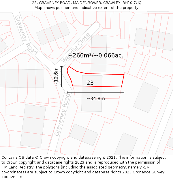 23, GRAVENEY ROAD, MAIDENBOWER, CRAWLEY, RH10 7UQ: Plot and title map