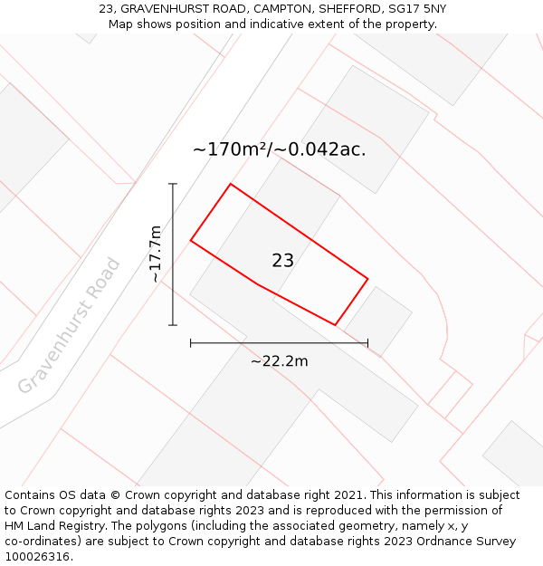 23, GRAVENHURST ROAD, CAMPTON, SHEFFORD, SG17 5NY: Plot and title map