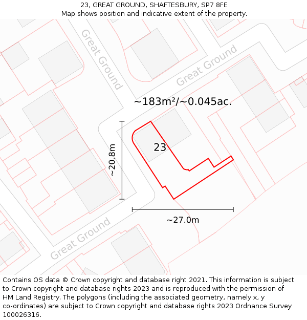 23, GREAT GROUND, SHAFTESBURY, SP7 8FE: Plot and title map