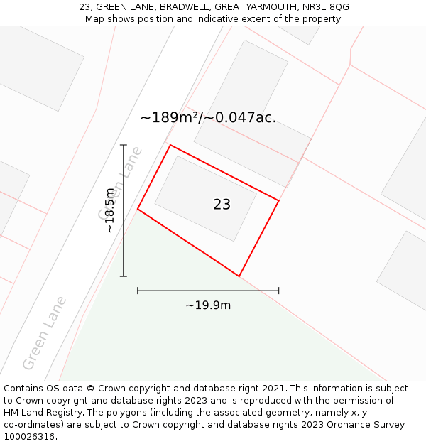 23, GREEN LANE, BRADWELL, GREAT YARMOUTH, NR31 8QG: Plot and title map