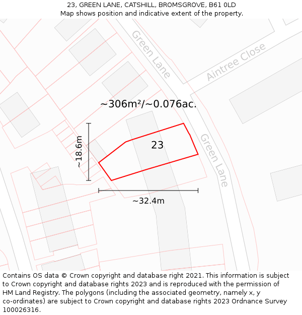 23, GREEN LANE, CATSHILL, BROMSGROVE, B61 0LD: Plot and title map