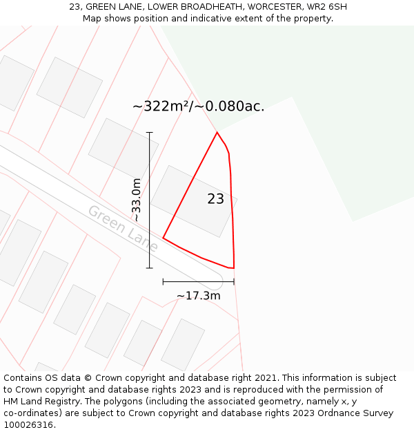 23, GREEN LANE, LOWER BROADHEATH, WORCESTER, WR2 6SH: Plot and title map