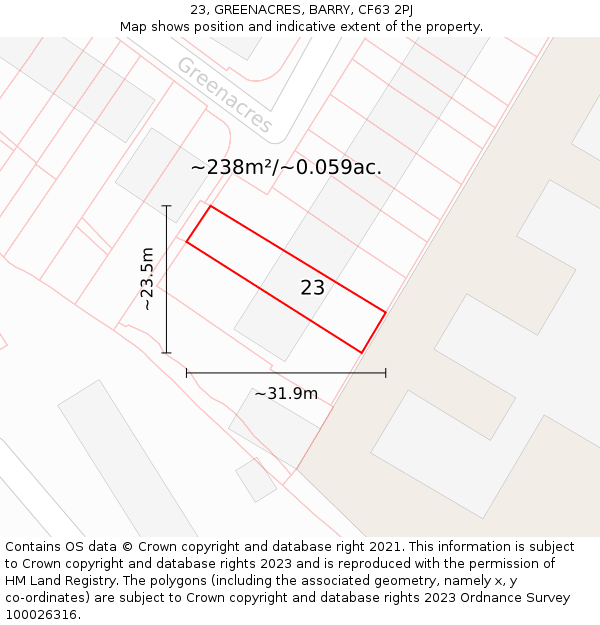 23, GREENACRES, BARRY, CF63 2PJ: Plot and title map