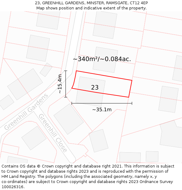 23, GREENHILL GARDENS, MINSTER, RAMSGATE, CT12 4EP: Plot and title map