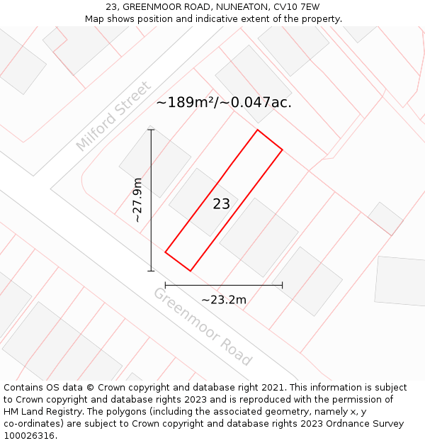 23, GREENMOOR ROAD, NUNEATON, CV10 7EW: Plot and title map