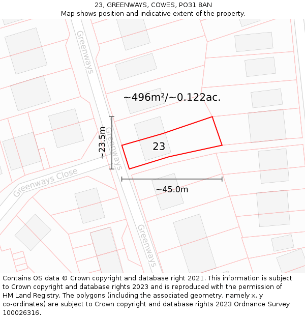 23, GREENWAYS, COWES, PO31 8AN: Plot and title map