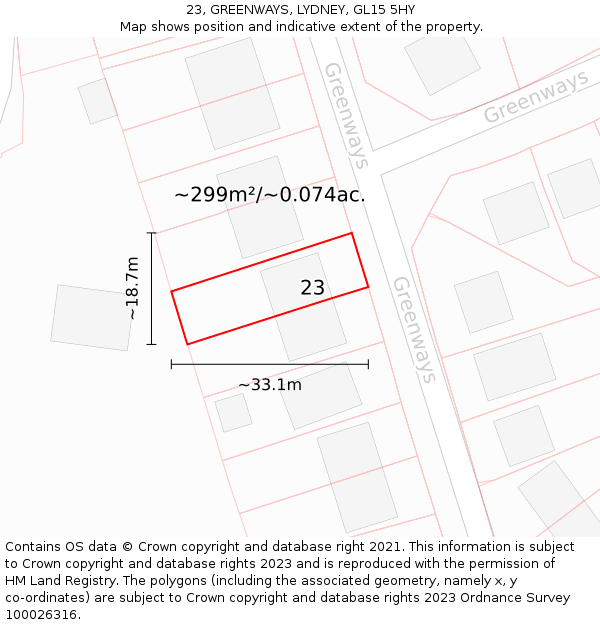 23, GREENWAYS, LYDNEY, GL15 5HY: Plot and title map