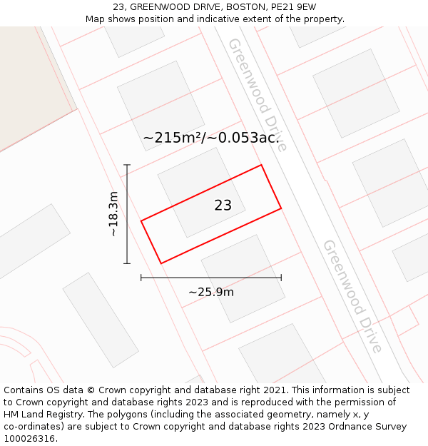 23, GREENWOOD DRIVE, BOSTON, PE21 9EW: Plot and title map