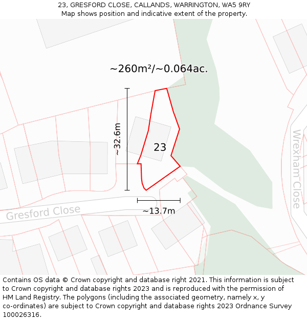 23, GRESFORD CLOSE, CALLANDS, WARRINGTON, WA5 9RY: Plot and title map