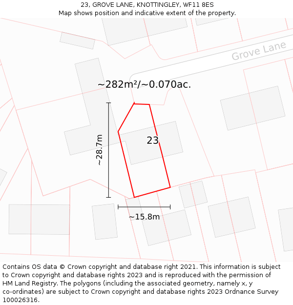 23, GROVE LANE, KNOTTINGLEY, WF11 8ES: Plot and title map