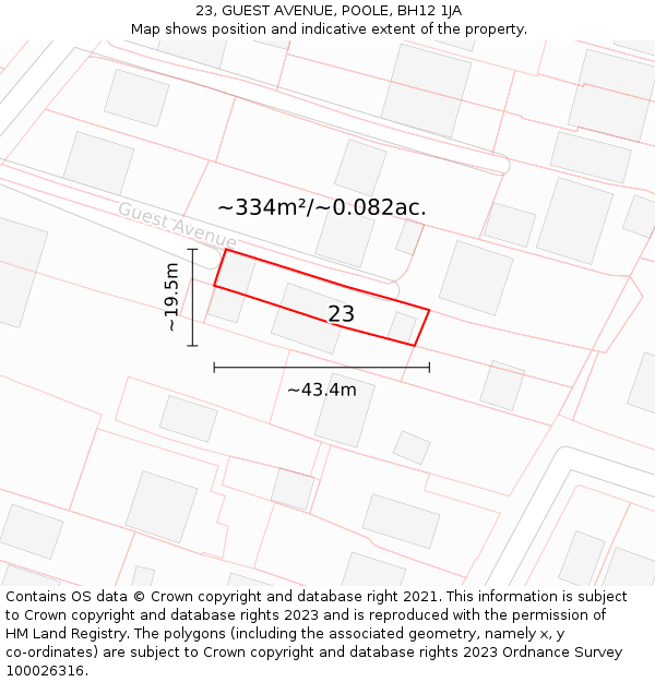 23, GUEST AVENUE, POOLE, BH12 1JA: Plot and title map