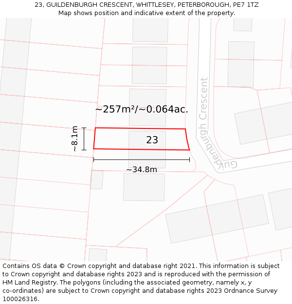 23, GUILDENBURGH CRESCENT, WHITTLESEY, PETERBOROUGH, PE7 1TZ: Plot and title map