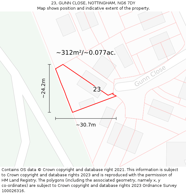 23, GUNN CLOSE, NOTTINGHAM, NG6 7DY: Plot and title map