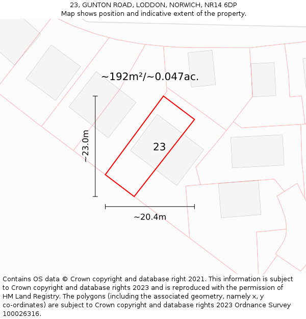 23, GUNTON ROAD, LODDON, NORWICH, NR14 6DP: Plot and title map