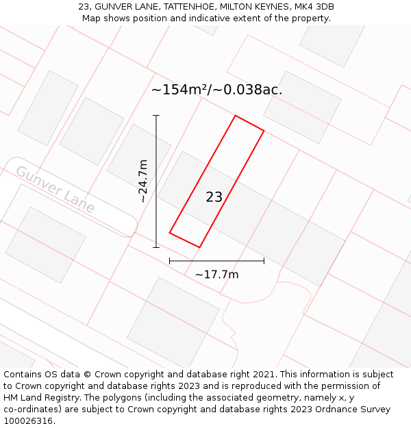 23, GUNVER LANE, TATTENHOE, MILTON KEYNES, MK4 3DB: Plot and title map