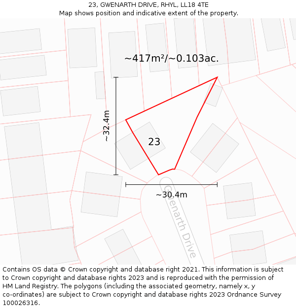 23, GWENARTH DRIVE, RHYL, LL18 4TE: Plot and title map