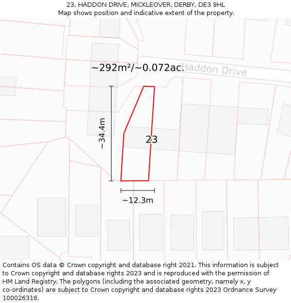 23, HADDON DRIVE, MICKLEOVER, DERBY, DE3 9HL: Plot and title map