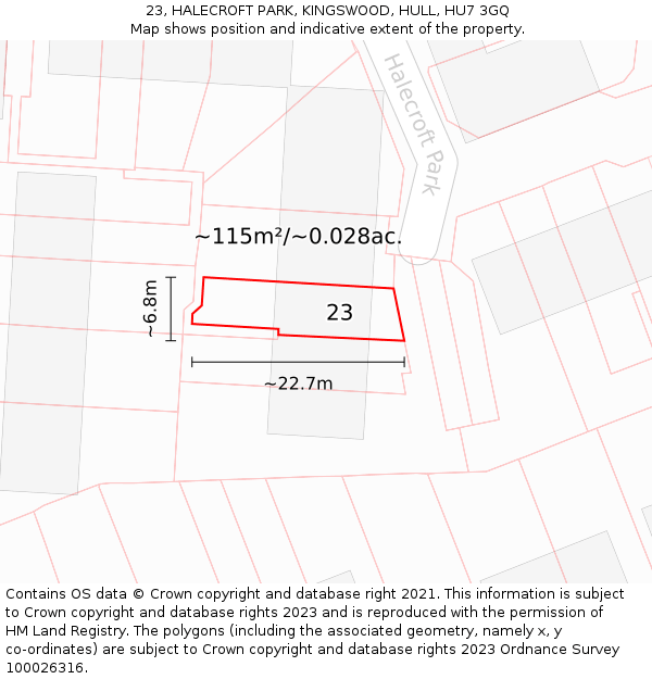 23, HALECROFT PARK, KINGSWOOD, HULL, HU7 3GQ: Plot and title map