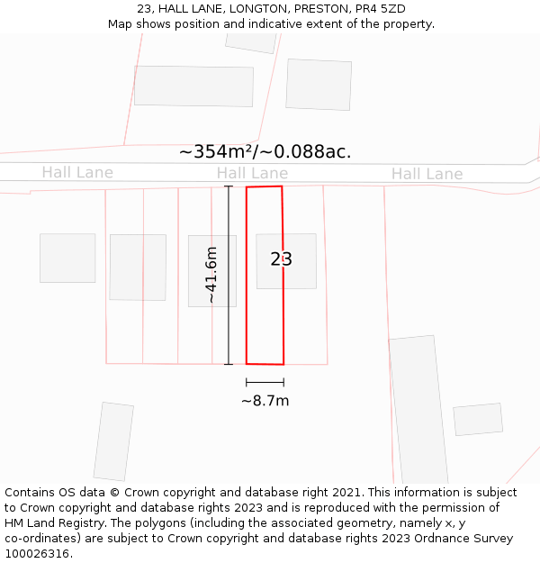 23, HALL LANE, LONGTON, PRESTON, PR4 5ZD: Plot and title map