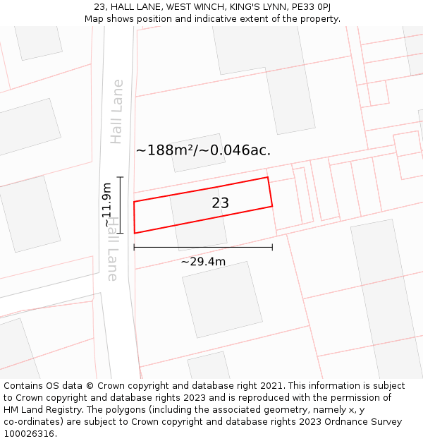 23, HALL LANE, WEST WINCH, KING'S LYNN, PE33 0PJ: Plot and title map