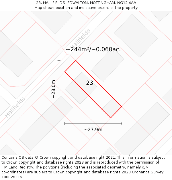 23, HALLFIELDS, EDWALTON, NOTTINGHAM, NG12 4AA: Plot and title map