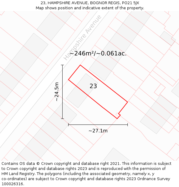 23, HAMPSHIRE AVENUE, BOGNOR REGIS, PO21 5JX: Plot and title map