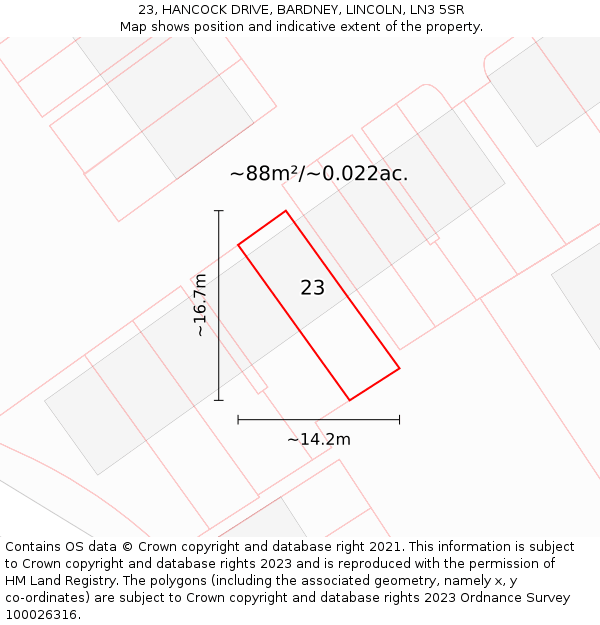 23, HANCOCK DRIVE, BARDNEY, LINCOLN, LN3 5SR: Plot and title map