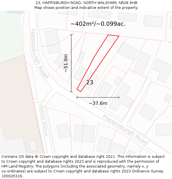 23, HAPPISBURGH ROAD, NORTH WALSHAM, NR28 9HB: Plot and title map