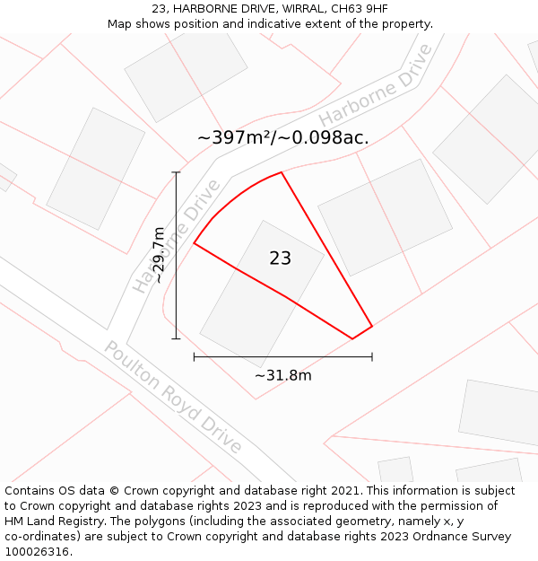 23, HARBORNE DRIVE, WIRRAL, CH63 9HF: Plot and title map