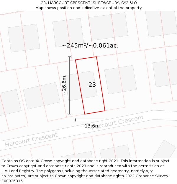 23, HARCOURT CRESCENT, SHREWSBURY, SY2 5LQ: Plot and title map