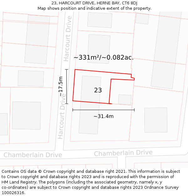 23, HARCOURT DRIVE, HERNE BAY, CT6 8DJ: Plot and title map