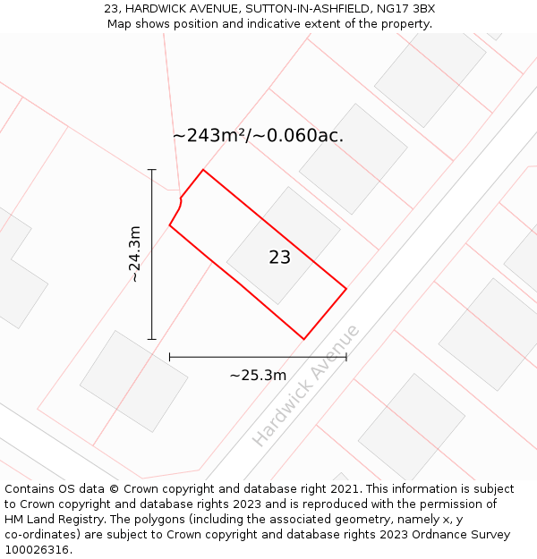 23, HARDWICK AVENUE, SUTTON-IN-ASHFIELD, NG17 3BX: Plot and title map