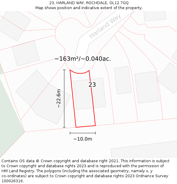 23, HARLAND WAY, ROCHDALE, OL12 7GQ: Plot and title map