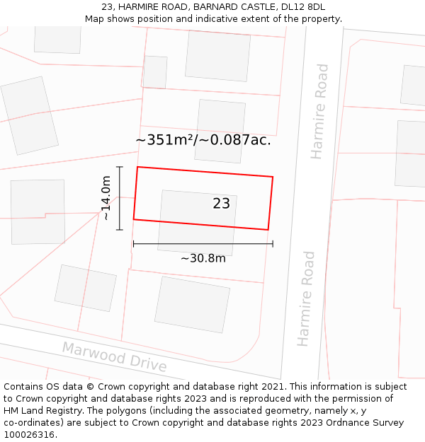 23, HARMIRE ROAD, BARNARD CASTLE, DL12 8DL: Plot and title map