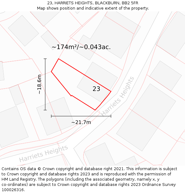 23, HARRIETS HEIGHTS, BLACKBURN, BB2 5FR: Plot and title map