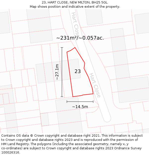 23, HART CLOSE, NEW MILTON, BH25 5GL: Plot and title map