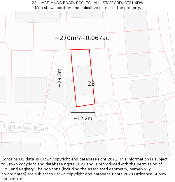 23, HARTLANDS ROAD, ECCLESHALL, STAFFORD, ST21 6DW: Plot and title map